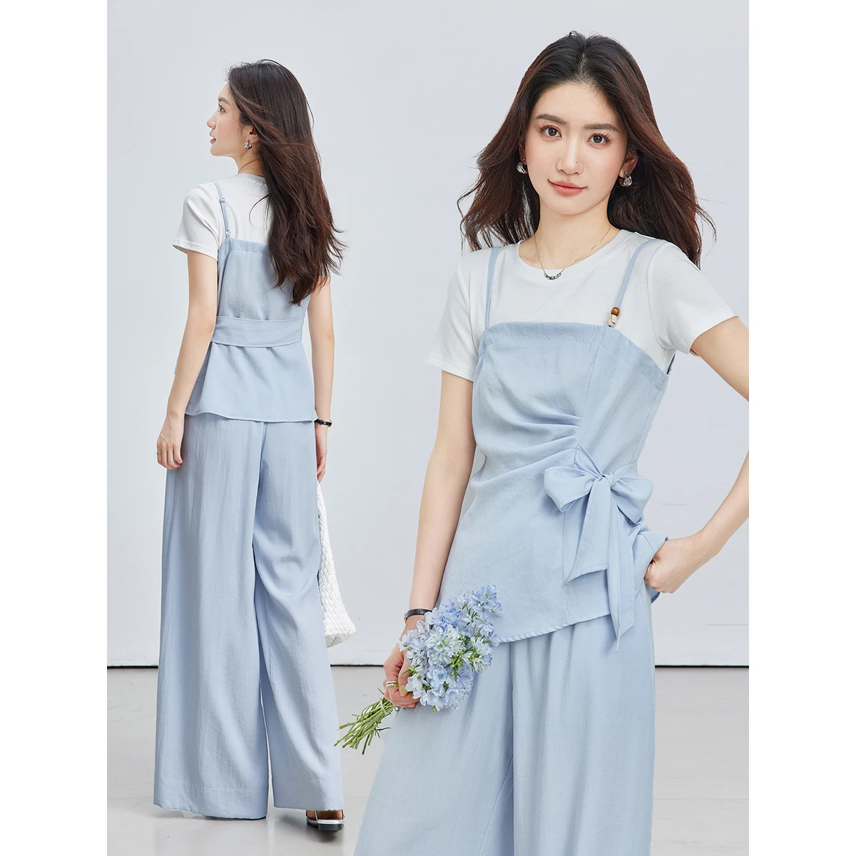 VIMLY Women's Light Blue Fashion Commuter Suit Summer 2026 New Casual Fake Two-piece Top Wide Leg Pants Two-piece Set 30973