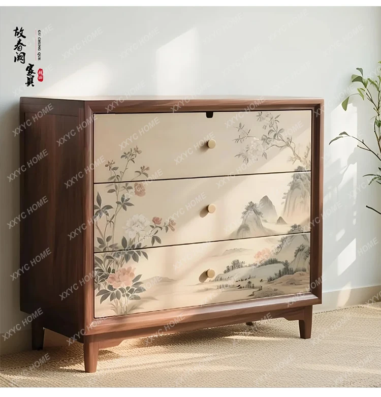 LPainted new Chinese retro three-bucket cabinet solid wood bedroom living room storage simple and modern