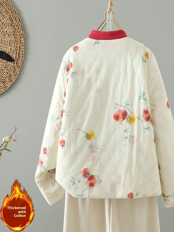 Nowa chińska koszula z bawełny Sle, damska, zimowa, designerska, T-shirt, zapinana na skośne guziki, kołnierzyk Manin, nadruk pomarańczy.