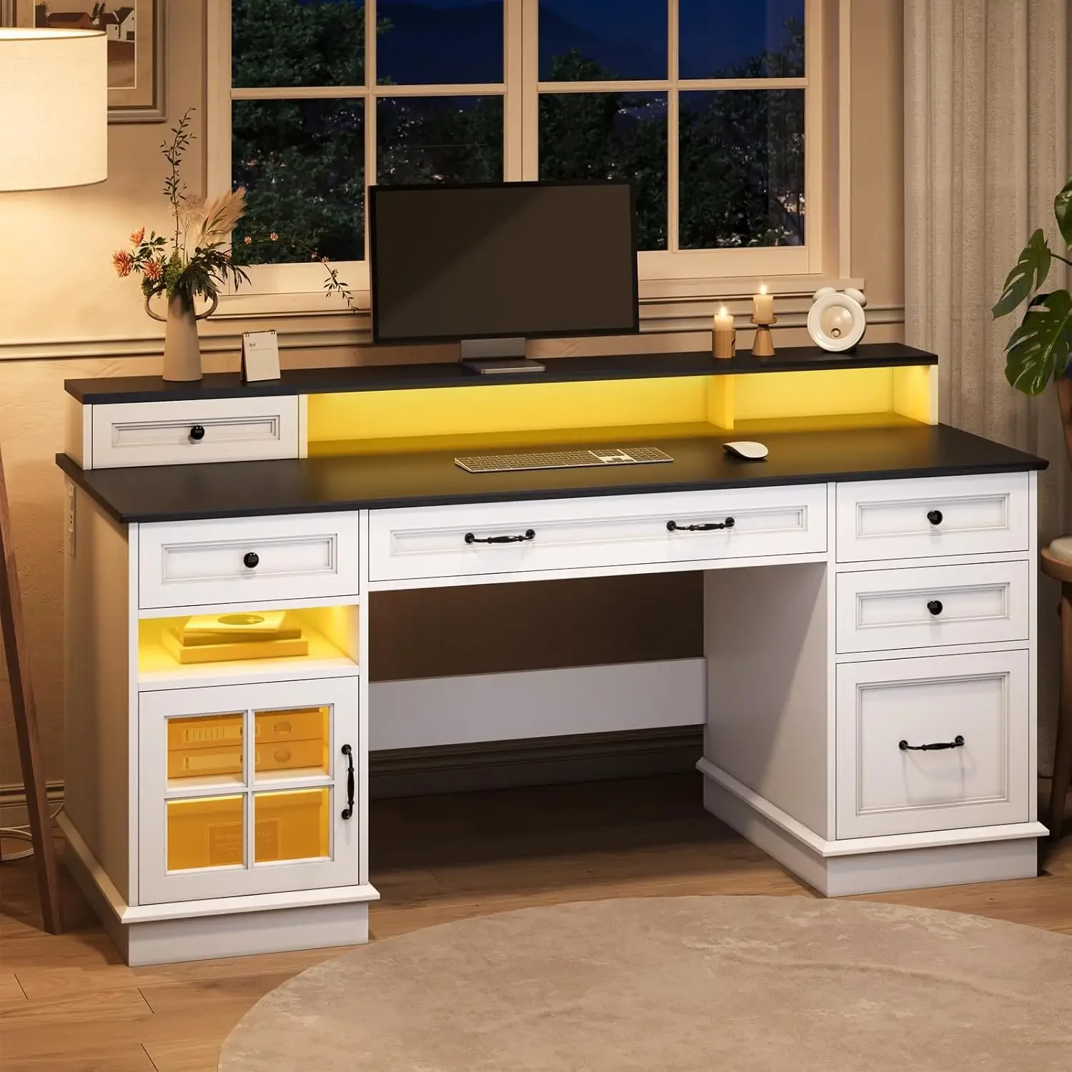 Farmhouse Executive Desk with Drawers Computer Desk ,Power Outlet and Led Lights,Cabinet and Monitor Shelf for Home Office,White image 4