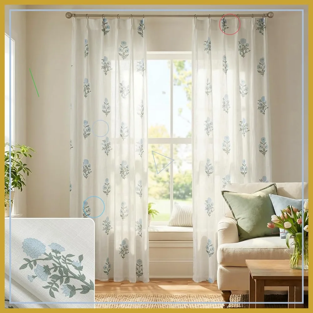 

Pinch Pleated Floral Linen Curtains 90 Inch Blue Green Semi Sheer Privacy Sliding Door