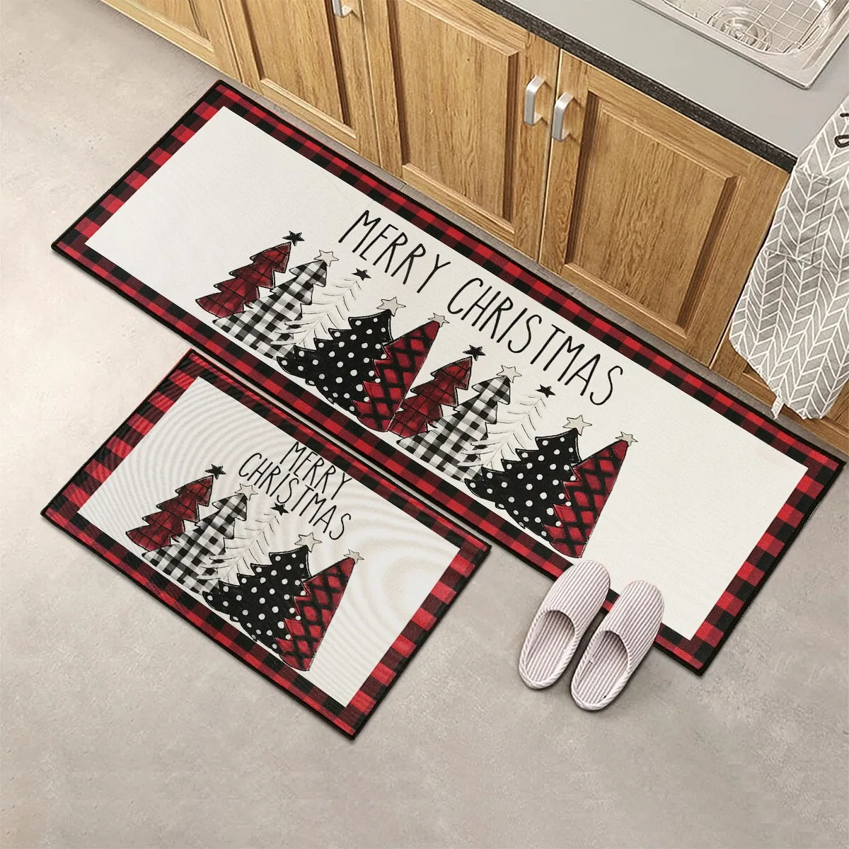 Plaid Christmas Tree Floor Mat Home Kitchen Absorbent Non-slip Mat Merry Christmas Decoration For Home 2024 Happy New Year 2025