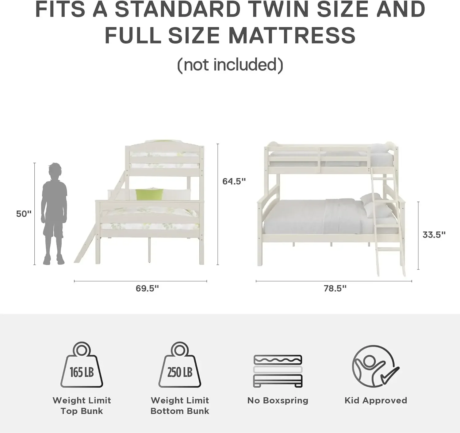 DHP Brady Wood Bunk Bed Frame, Twin over Full, White