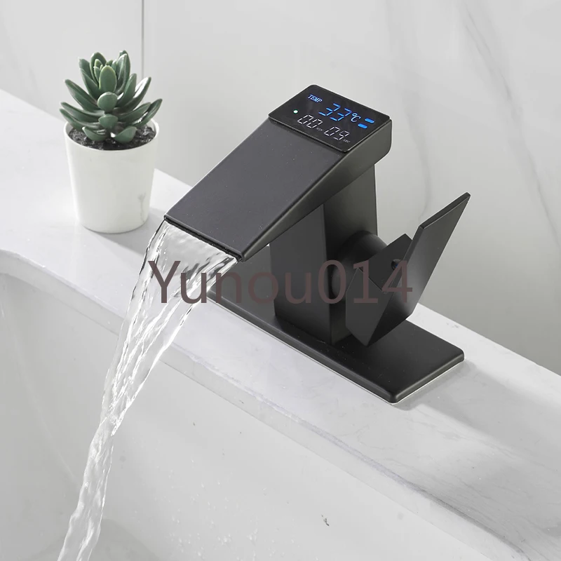 LCD Bathroom Basin Faucet, Digital Display Sink Mixer Faucet, Hot and Cold Sink Tap, Waterfall Deck Mounted