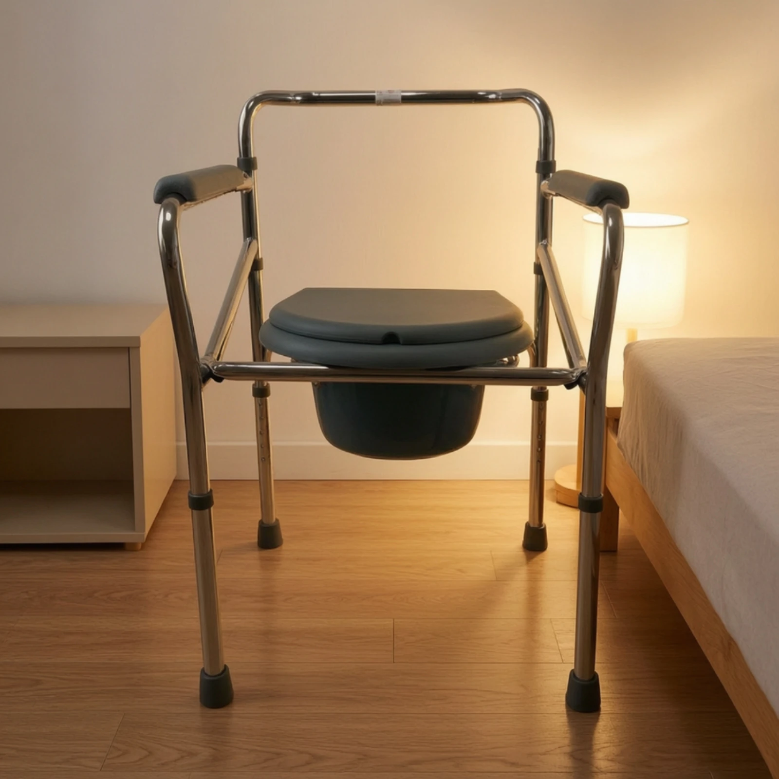 Foldable Bedside Commode Chair Space-Saving Commode Chair with Adjustable Legs Easy to Clean Compact