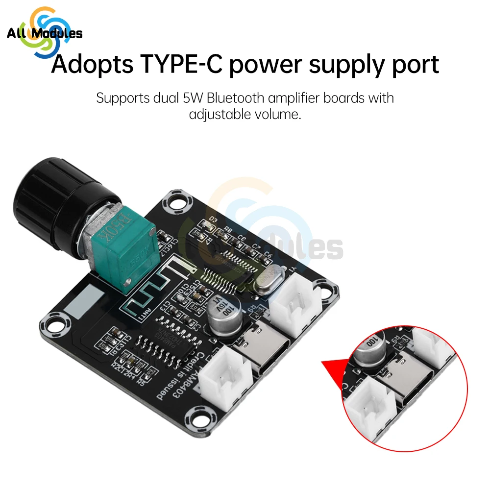 PAM8403 Bluetooth Digital Power Amplifier Board DC5V XH-A159 5W*2 Type-C Audio Amplifier Module Adjustable Volume