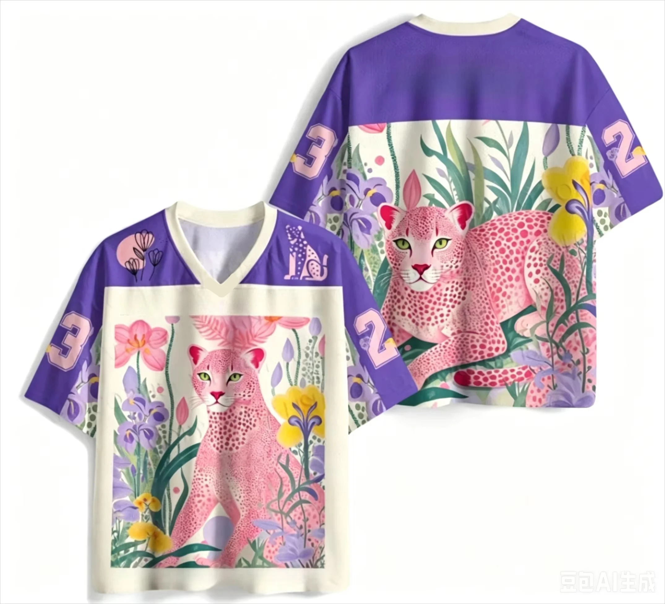 Rosa Gepardenblumen-Bedrucktes Rugby-Trikot Pop-Art Japanisch-Amerikanisches 3D-Druck T-Shirt für Erwachsene und Kinder mit Kurzen Ärmeln – Detail 4