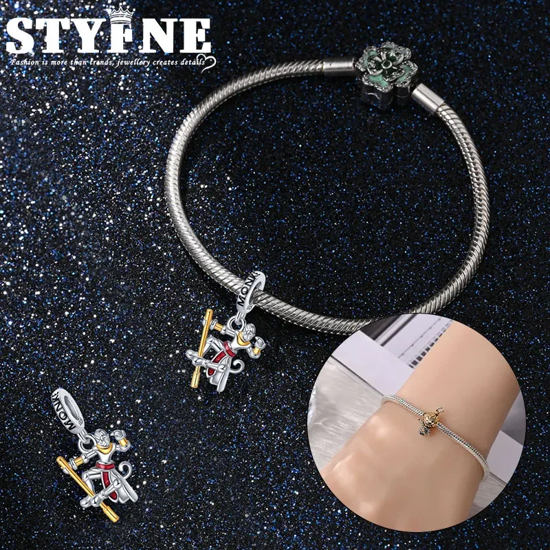 Travel Hobbies Games Beads 925 Sterling Silver Big Brother Wukong Red Ribbon Hand Dancing Gold Hoop Charm Women's Jewelry DIY