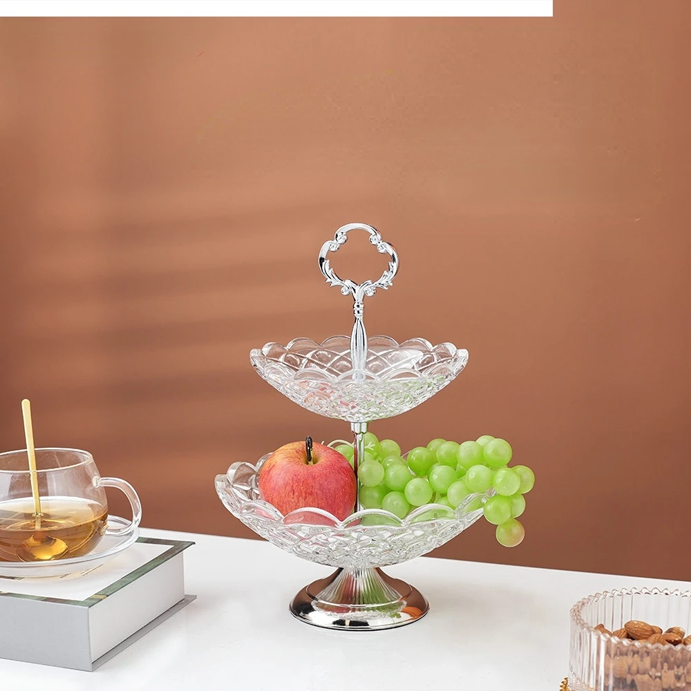 Light luxury silver double layer fruit plate living room decoration afternoon tea cake stand dessert snack