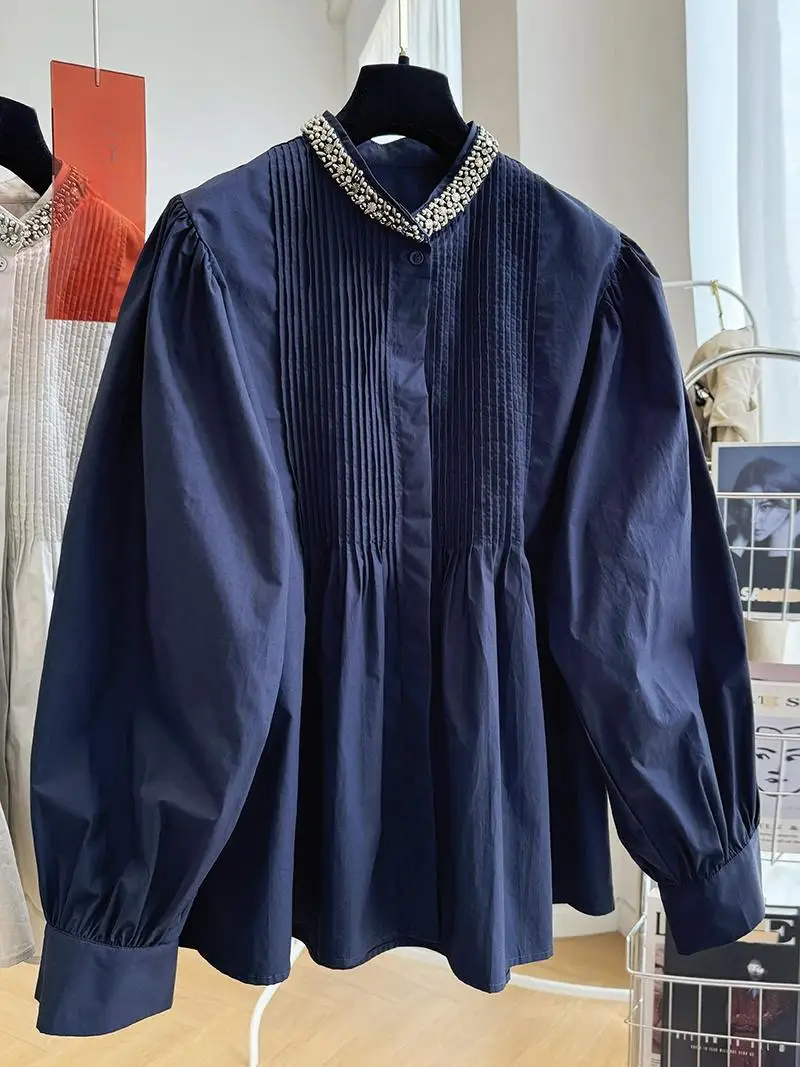 

Retro French Pleated Puff Sleeve Loose O-neck Shirt Doll Shirt Top 2025 New Women's Shirt Stitching Design Sense Niche Trend