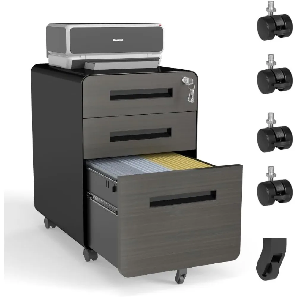 خزانة ملفات متنقلة ذات 3 أدراج من الفولاذ بالكامل مع قفل، وحدة تخزين معدنية شديدة التحمل للمنزل والمكتب، مجمعة بالكامل، تحمل ملفات A4