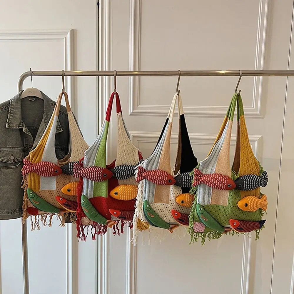 

Fashion Summer Cotten Crochet Shoulder Bag Fish Large Capacity Hollow Out Weave Bag Handbag Fashion Tote Bag Shopping Bag