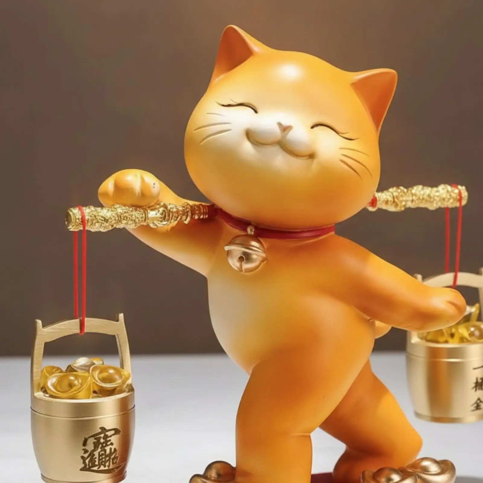 Cat Decorative Sculpture Resin Figurine Orange Body Gold Paw Accents Red Oval Base with Pole and Buckets for Shop Shelf Display