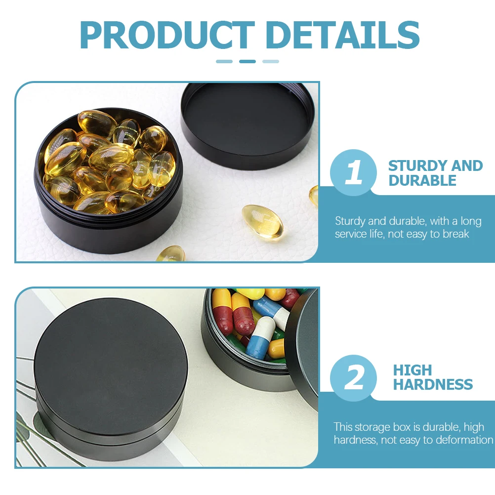 

Portable Pills Box ganizer Container for Travel Black Sturdy Aluminum Multipurpose Storage Medicine Jewelry Coins Tea Canister