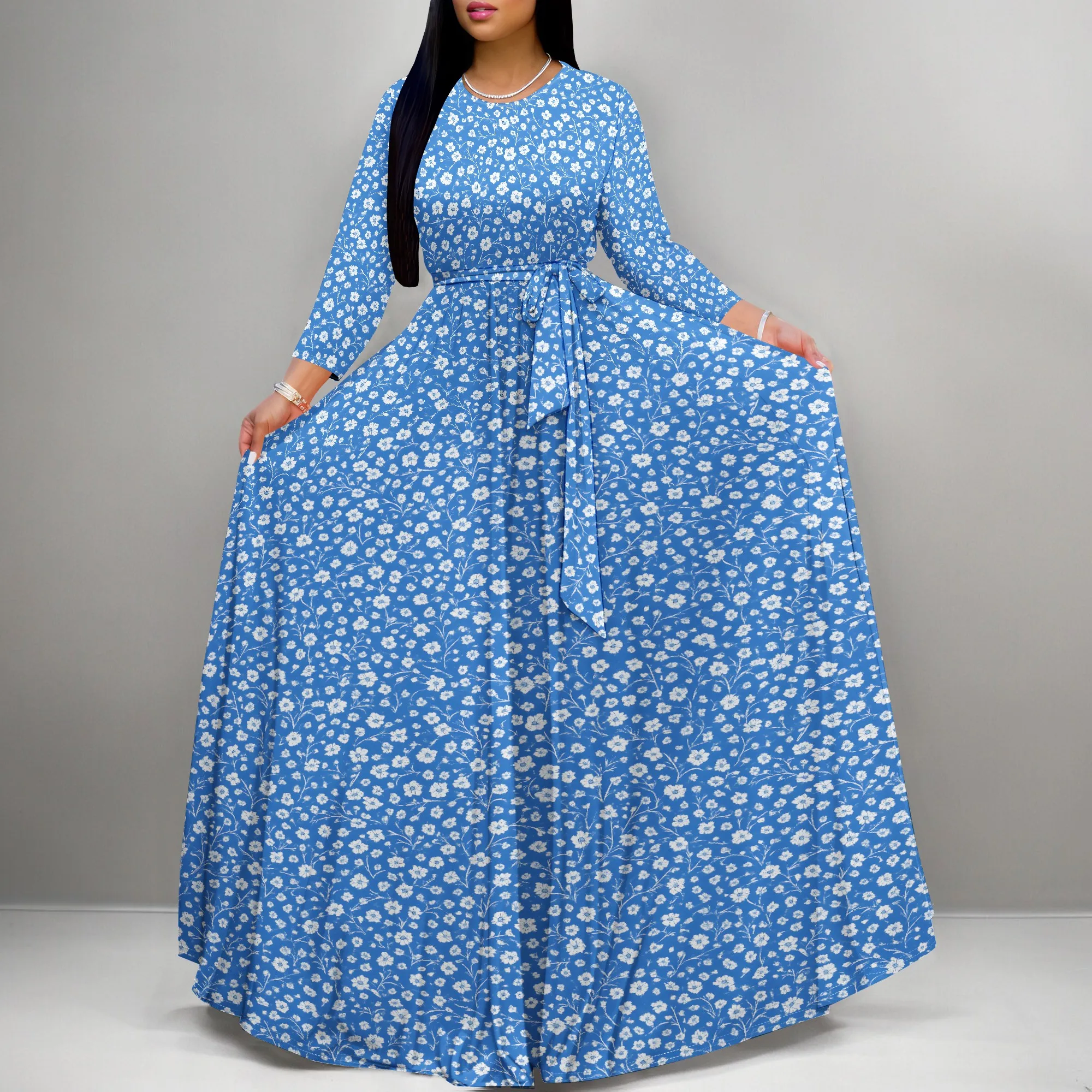 Vestido largo de otoño de talla grande de manga larga para mujer con curvas, cuello redondo, manga 3/4, vestido largo de cóctel