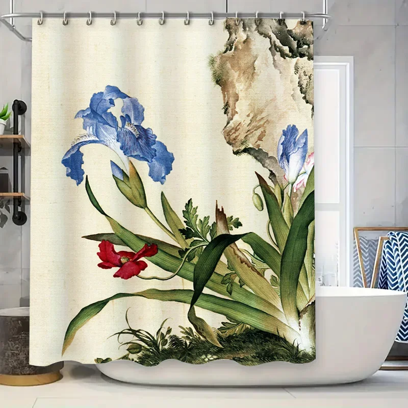 

Винтажный стиль, занавеска для душа с цветочным принтом, синяя орхидея, красный мак, белый фон, ткань, идеально подходит для декора ванной комнаты
