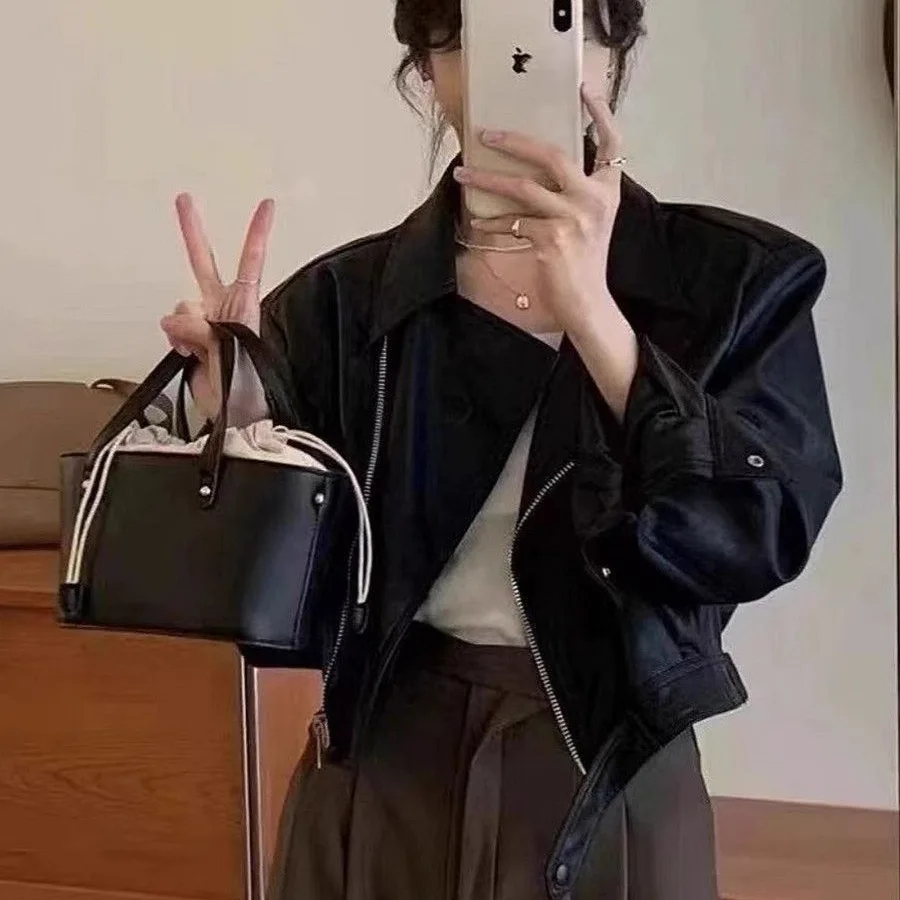Brown PU Leather Jacket Women's 2026 Spring New Loose Hong Kong Style Short Motorcycle Jacket Biker Top Ultra Short Length 4