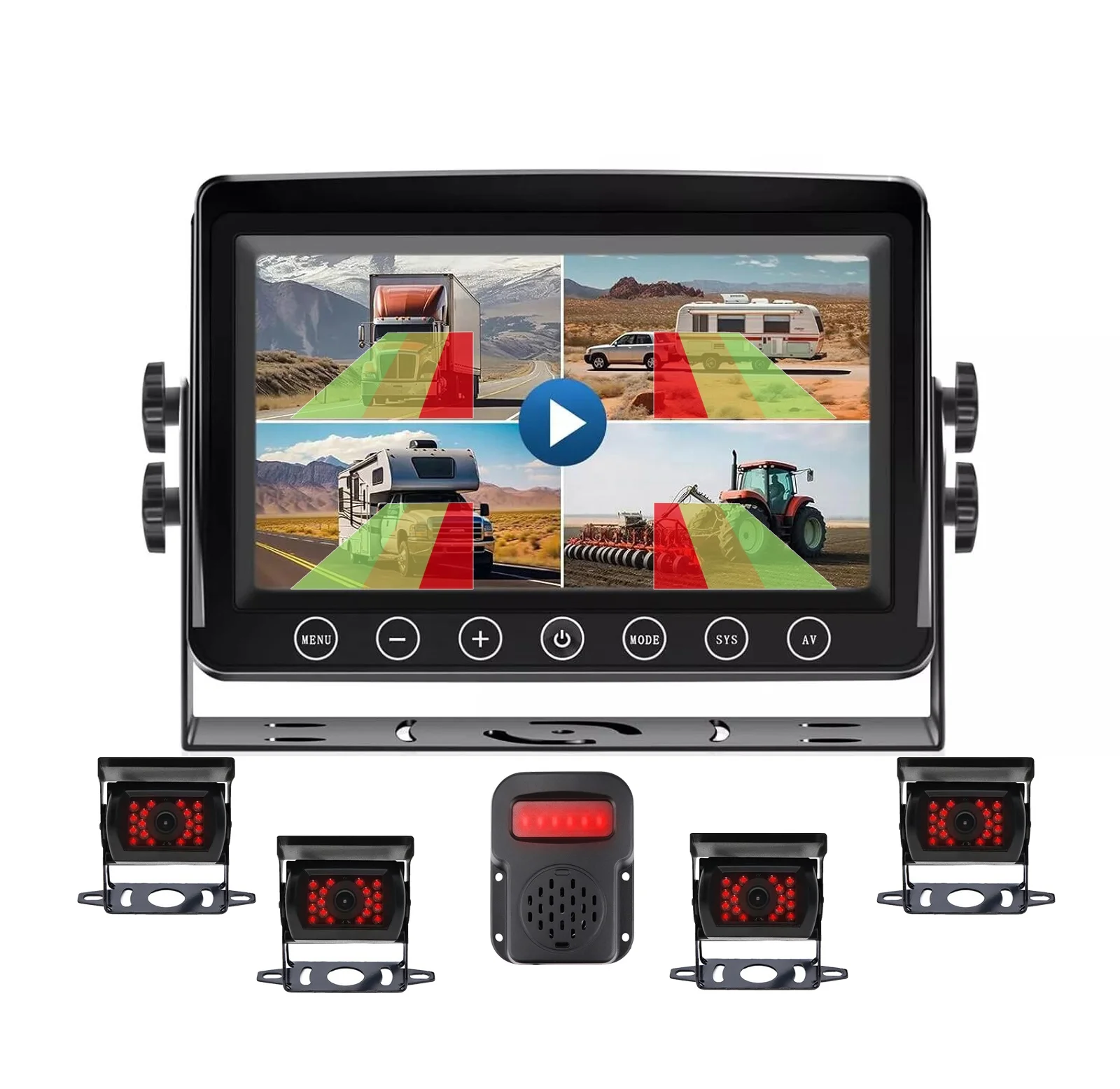 9 Inch 4CH IPS DVR Monitor 1080P Rear View Cameras With AI BSD Smart Blind Zone Detection For Pedestrians Vehicles Truck Rv