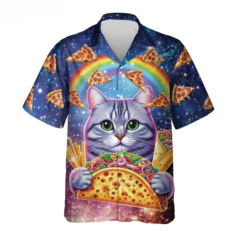 

2025 Мужская гавайская пляжная рубашка с 3D принтом, забавная футболка с котом тако и пиццей, топы с короткими рукавами на пуговицах, праздничные рубашки Aloha, уличная одежда