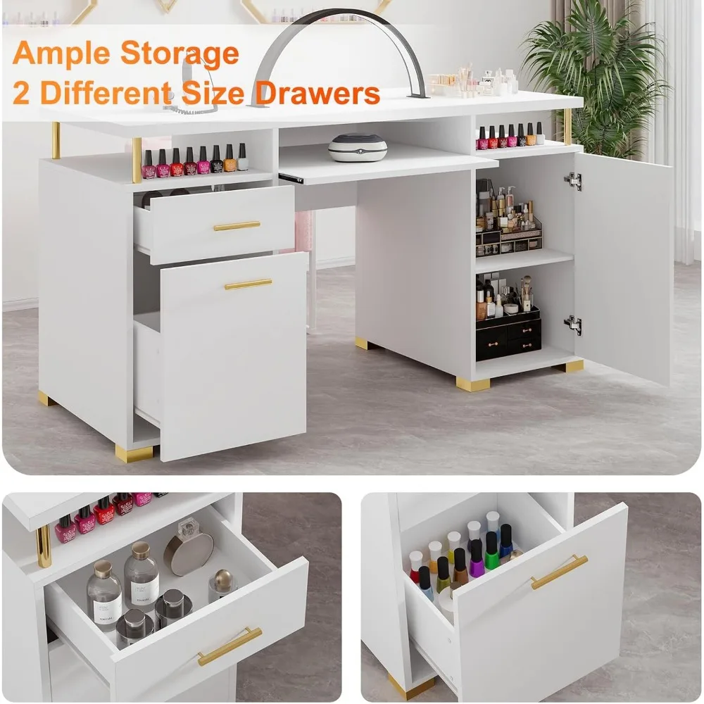 Mesa de manicure com 2 gavetas e armário, mesa de unhas branca e dourada de 55 polegadas para técnicos de unhas, prateleira móvel incluída
