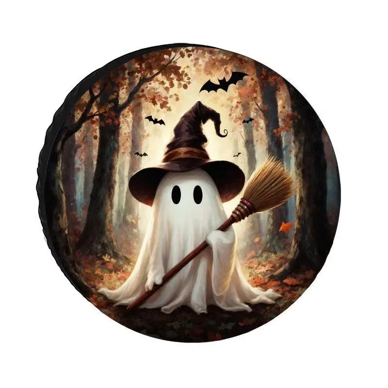 Cute Halloween Ghost Witch Hat Autumn Leaf Spare Tire Cover, Durable Polyester Dustproof for Outdoor Vehicle Use