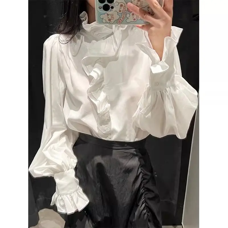 

Deeptown Elegant White Ruffle Blouses Women Office Style Chic Long Sleeve Shirts Korean Style Sweet Vintage Casual Solid Tops