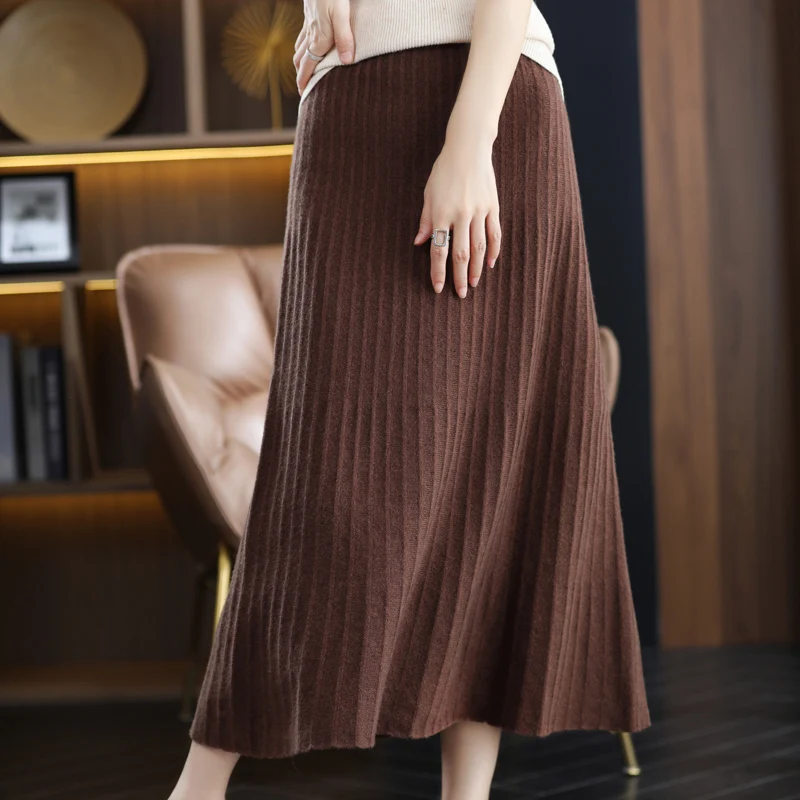 100% pure wool ladies autumn and winter new skirt solid color high waist Joker long A-word cashmere bag hip skirt.