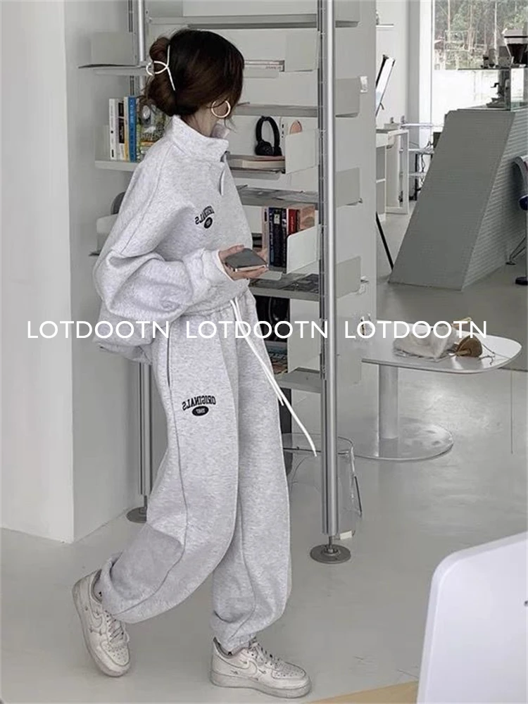 LOTDOOTN Autumn Thin Two Piece Sets Women Tracksuit Oversized Suit 2023 Trouser Suits Female Sweatshirt Solid Color Sportswear