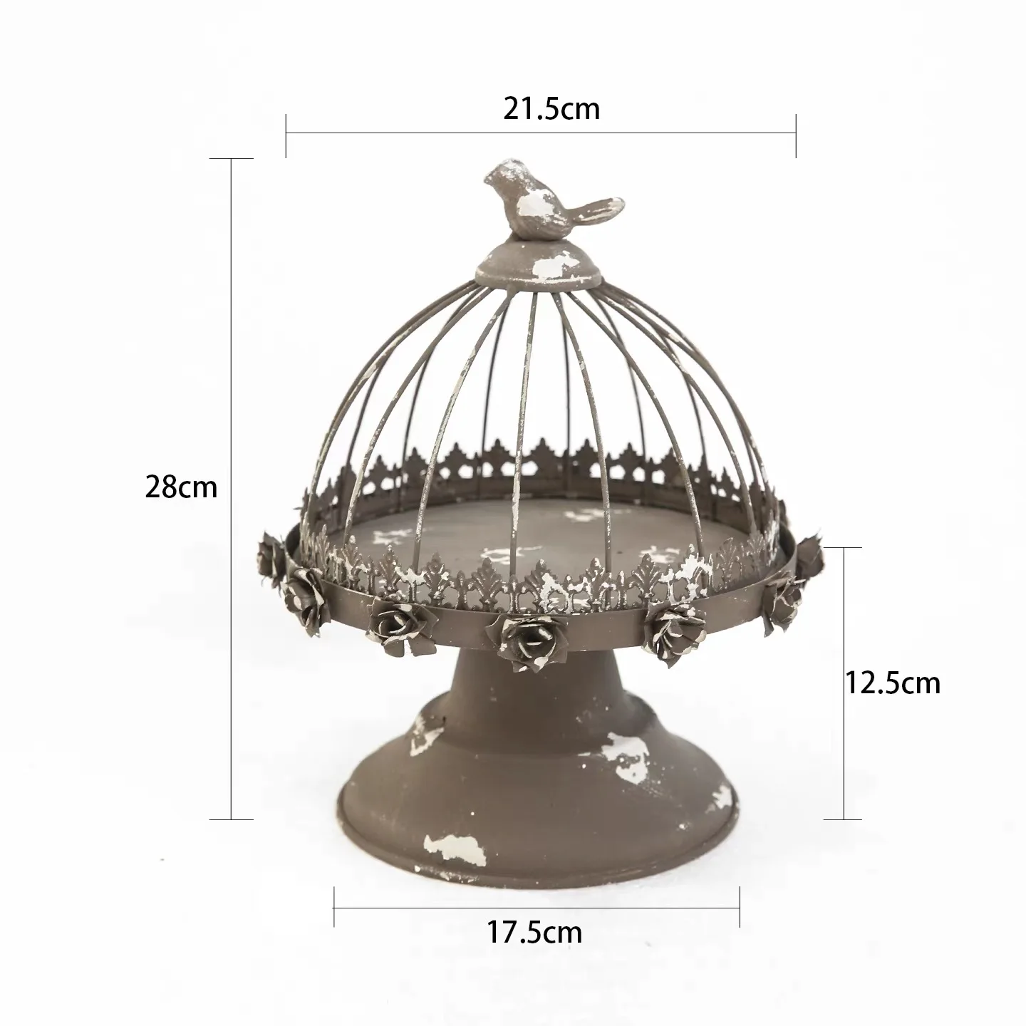 Vintage Distressed Iron Birdcage Pedestal Tray, Removable Dome Cloche with Rose Trim for Home Decor Display