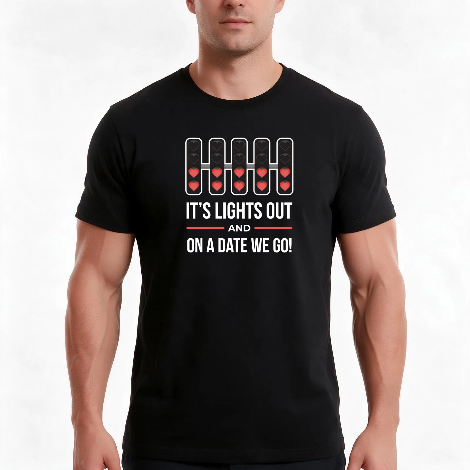 s Lights Out and On a Date We Go! - Special Valentines Day (Blue BG) T-Shirt, Summer Casual Cotton Tee, Vintage Graphic Print