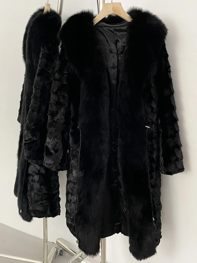 ZMEENNA Abrigo elegante de piel sintética negra para mujer con cordón en la cintura chaqueta de abrigo lujosa y cálida para invierno ZM3894