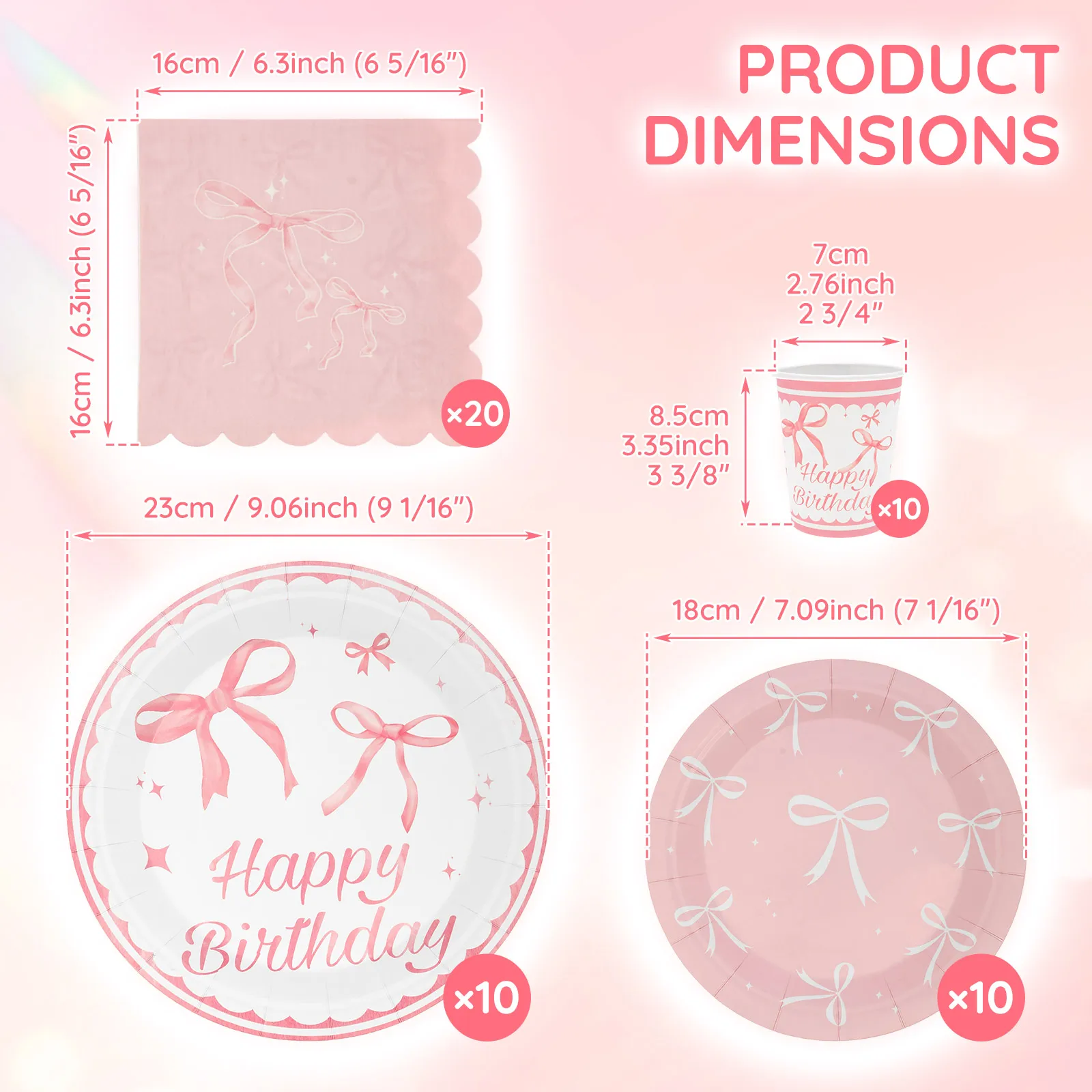 50 Pcs Disposable Pink Bow Birthday Decorations Includes Bow Plates Napkins Cups Tableware Sets for Birthday Decorations