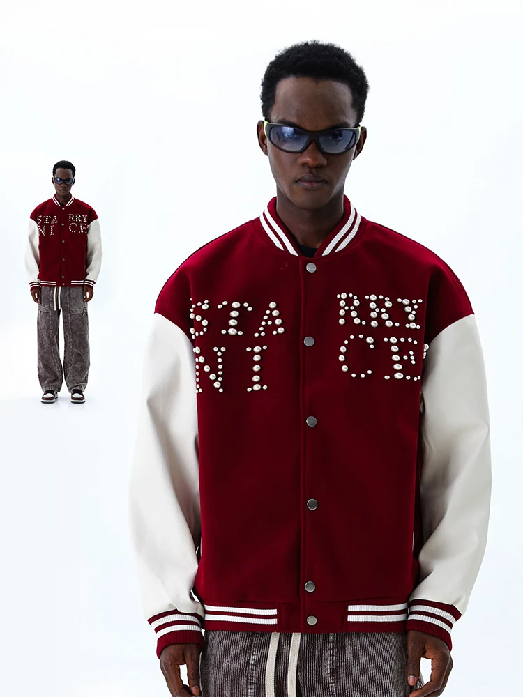 

MMOPTOP Pearl Rivet American Sle Flight Jaet Men's Spring Casual High Street Baseball Coat Couple's Outerwear