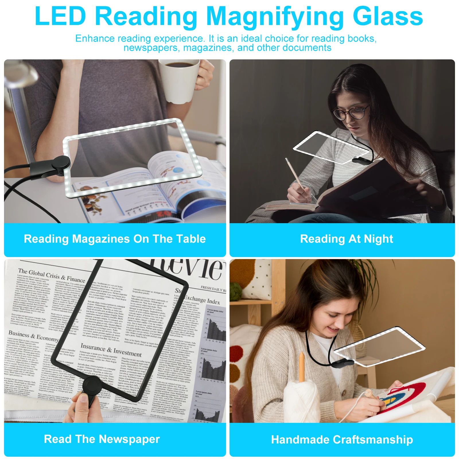 Hands Free Magnifying Glass 5X Dimmable Neck Wear Magnifier Square LED Magnifying Glass Full Book Page Reading Magnifier