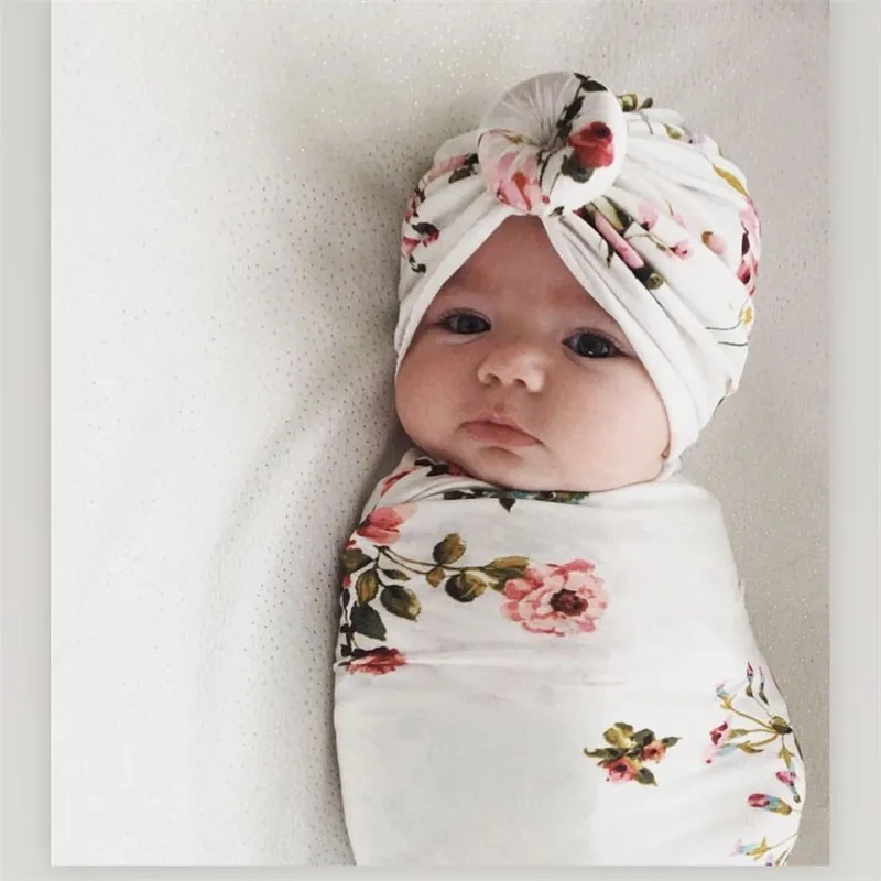 Baby Swaddle Blanket and Bandana Donut/Ruffle Hat Newborn Cotton Swaddle Wrap Set 2 Piece Set