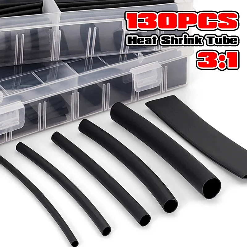 130Pcs Black 3:1 Heat Shrink Tubing Flame Retardant For Medical Equipment Precision Low Current Cable Wrap Repair