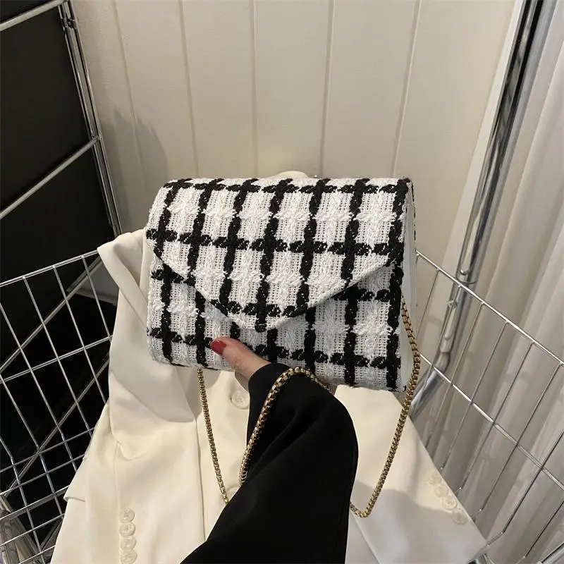 Fashion Plaid Print Tweed Crossbody Bag for Women Casual Versatile Female Shopping Chain Shoulder Pack Large Capacity Handle Bag