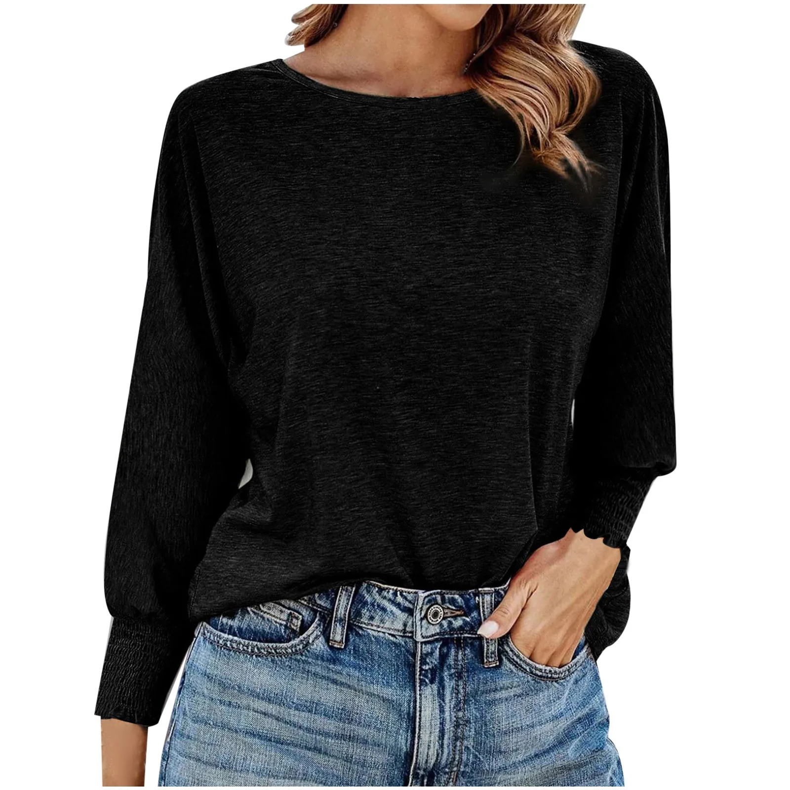 

plus Size Women's round Ne Long Sve T-irt Pure Color Loose Fit Autumn New Arrival Comfortable Bamboo Cotton Blend