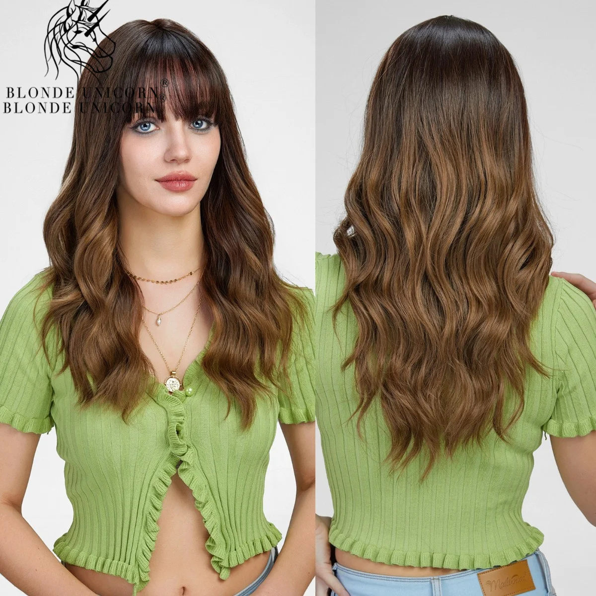 Blonde Unicorn Long Brown Synthetic Wig Wavy Wigs with Bangs Daily Cosplay Party Use Heat Resistant Fiber Hair Wigs for Women