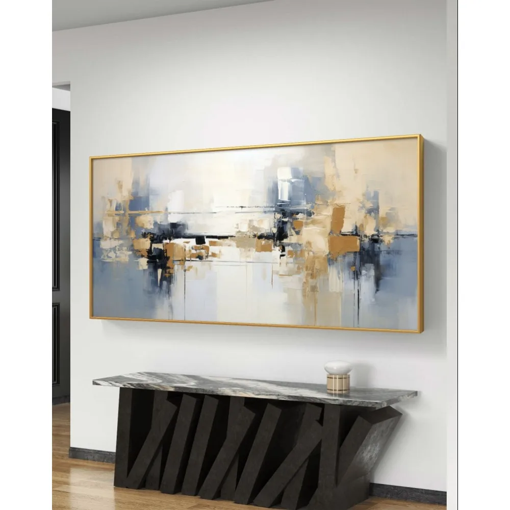 Original Minimalist Textured Oil Painting, Frameless Hand Abstract Blue and Gold Oil Painting for Living Room and Hotel Decor