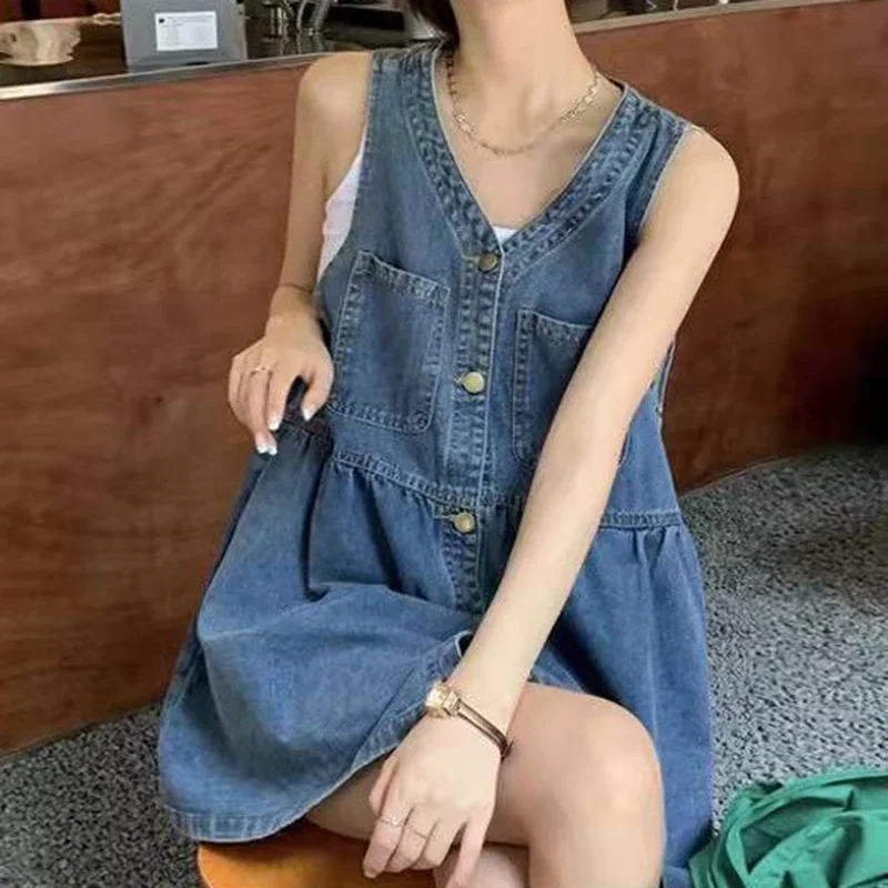 

Biyaby Sleeveless Strap Dress Women 2023 Summer Single-Breasted Pockets Denim Dresses Woman Korean Style Loose A Line Mini Dress