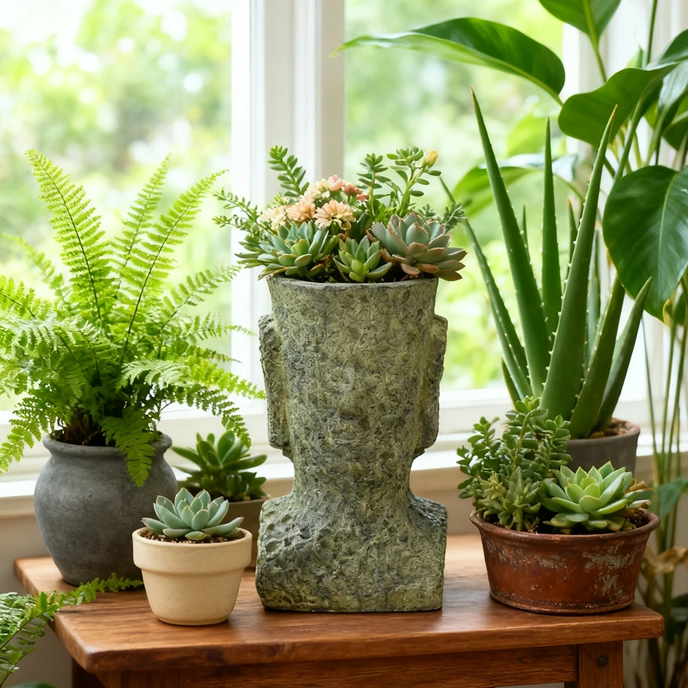 Succulent Holder Abstract Face Pot For Garden For Patio Unique Resin Face Decor Resin Construction Stone Face Pattern