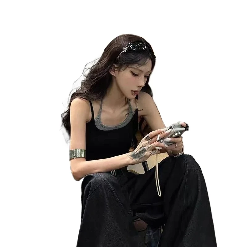 

Design Sense Skinny Camisoles Tanks Women Summer Fake Two Pieces Y2k Aesthetic Crop Tanks Vintage Casual End Commuting Top