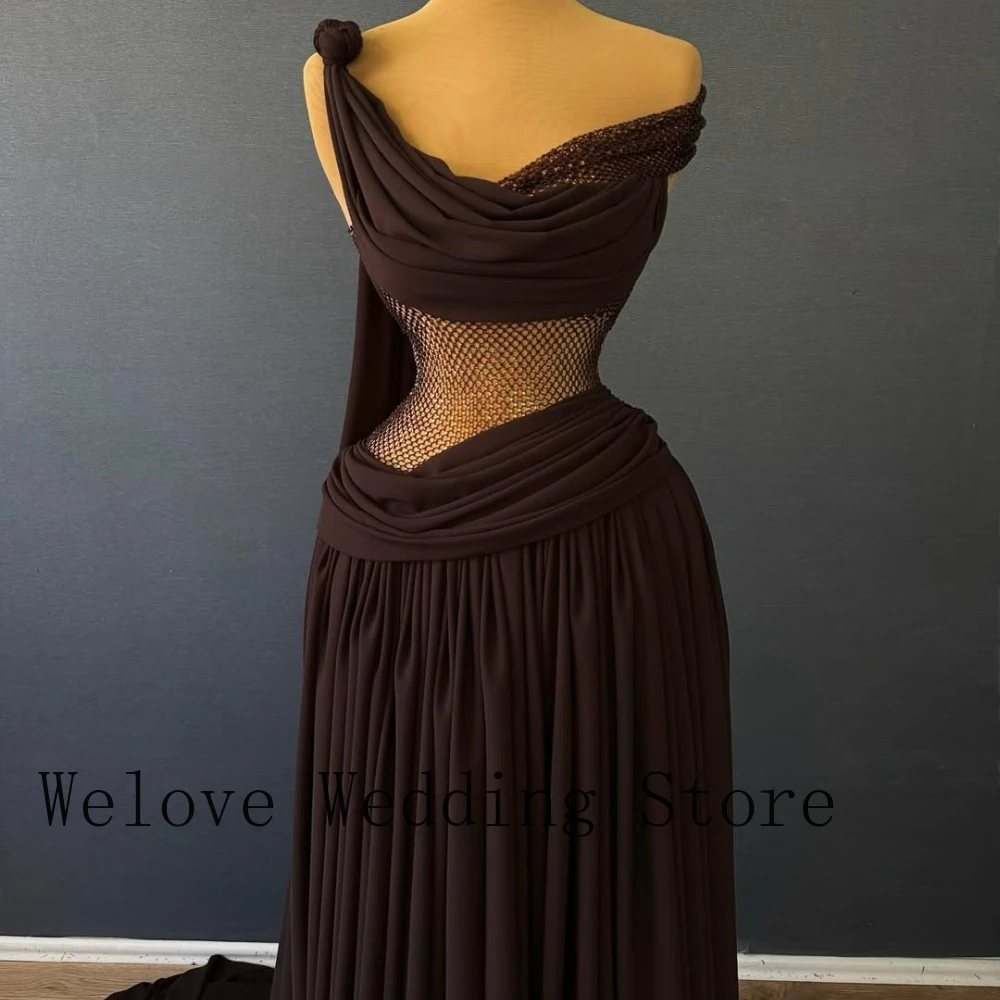 2026 Chocolate Brown One-Shoulder Gown – Sheer Mesh Waist Draped Trailing Formal Maxi Dress for Prom, Gala & Wedding Events