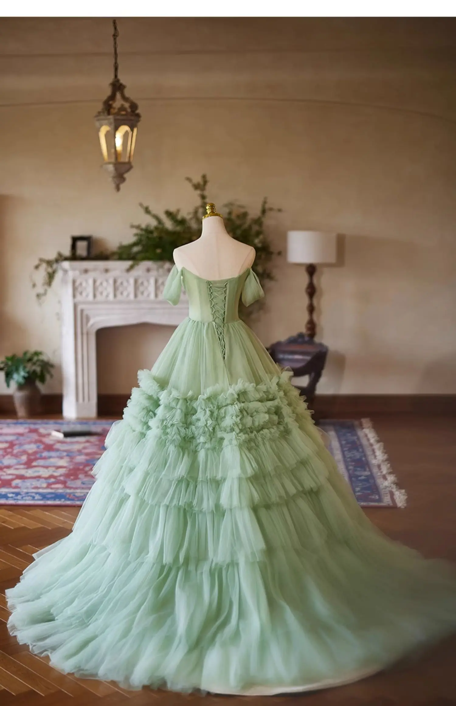 Light green ruffled pleated ball gown medieval dress Renaissance gown queen Victorian Belle Ball gown