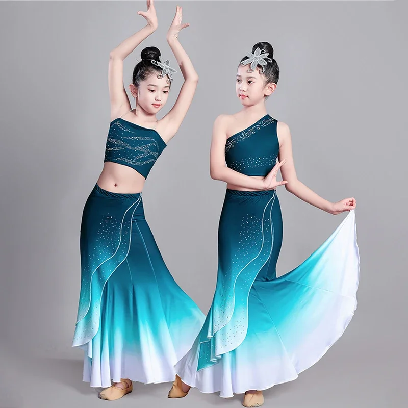Costume de danse Dai pour enfants, jupe justaucorps queue de poisson + haut, robe de danse nationale traditionnelle de paon, Costume de spectacle sur scène