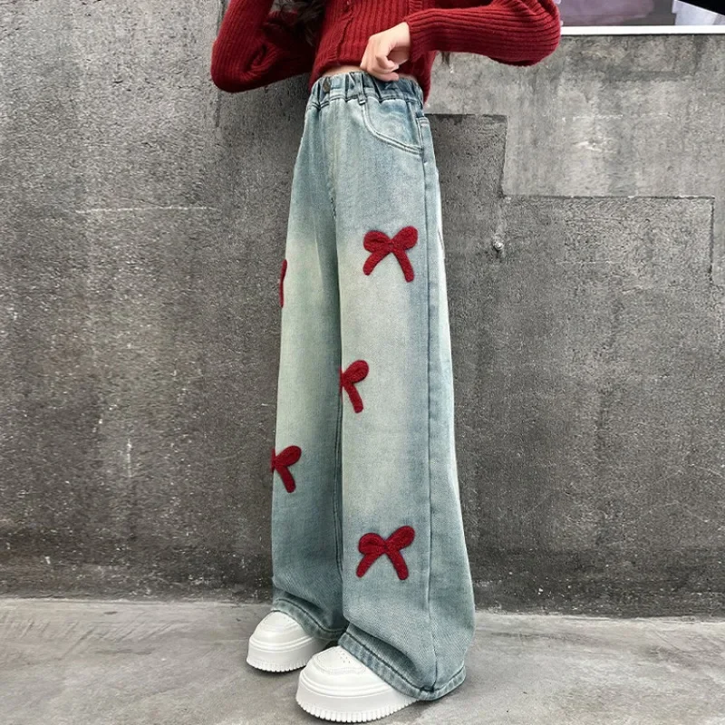 Girls Loose Wide-leg Jeans Soft Trousers Children Bowknot Embroidery Straight Denim Pants Spring Autumn Clothing 5-12 Years
