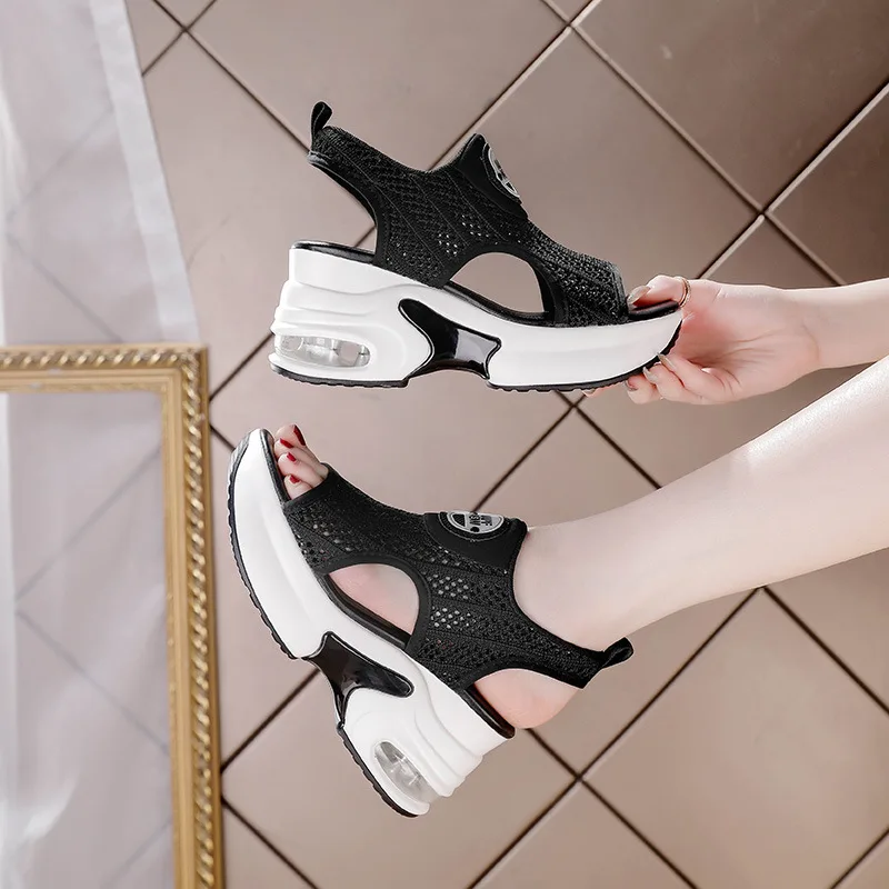 Retro Black Mesh Platform Sandals Korean Peep Toe Hollow Wedges Heighten Shoes 8cm Summer New Non-Slip Air Cushion Tennis Shoes