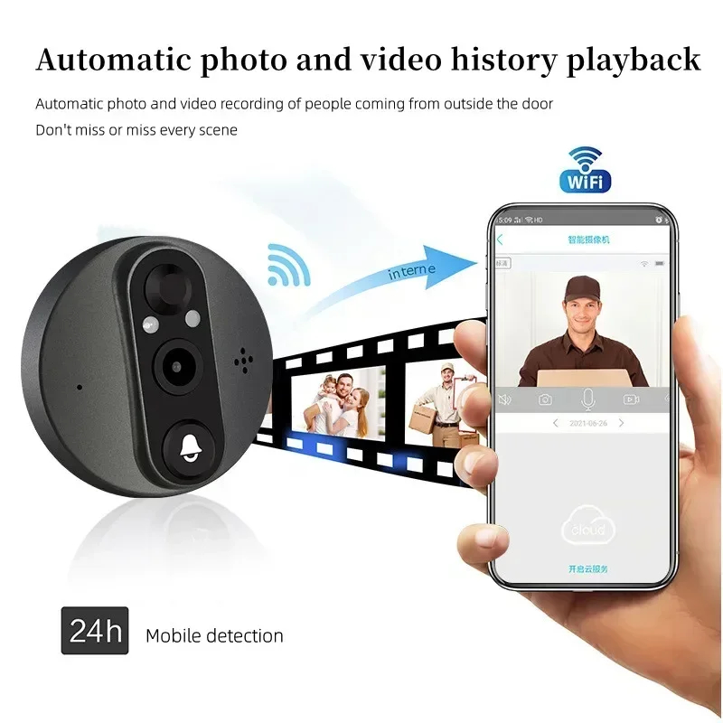 Bel pintu digital 1080P, bel pintu WIFI layar 4.3 inci mendukung aplikasi TUYA sudut lebar PIR dengan penglihatan malam