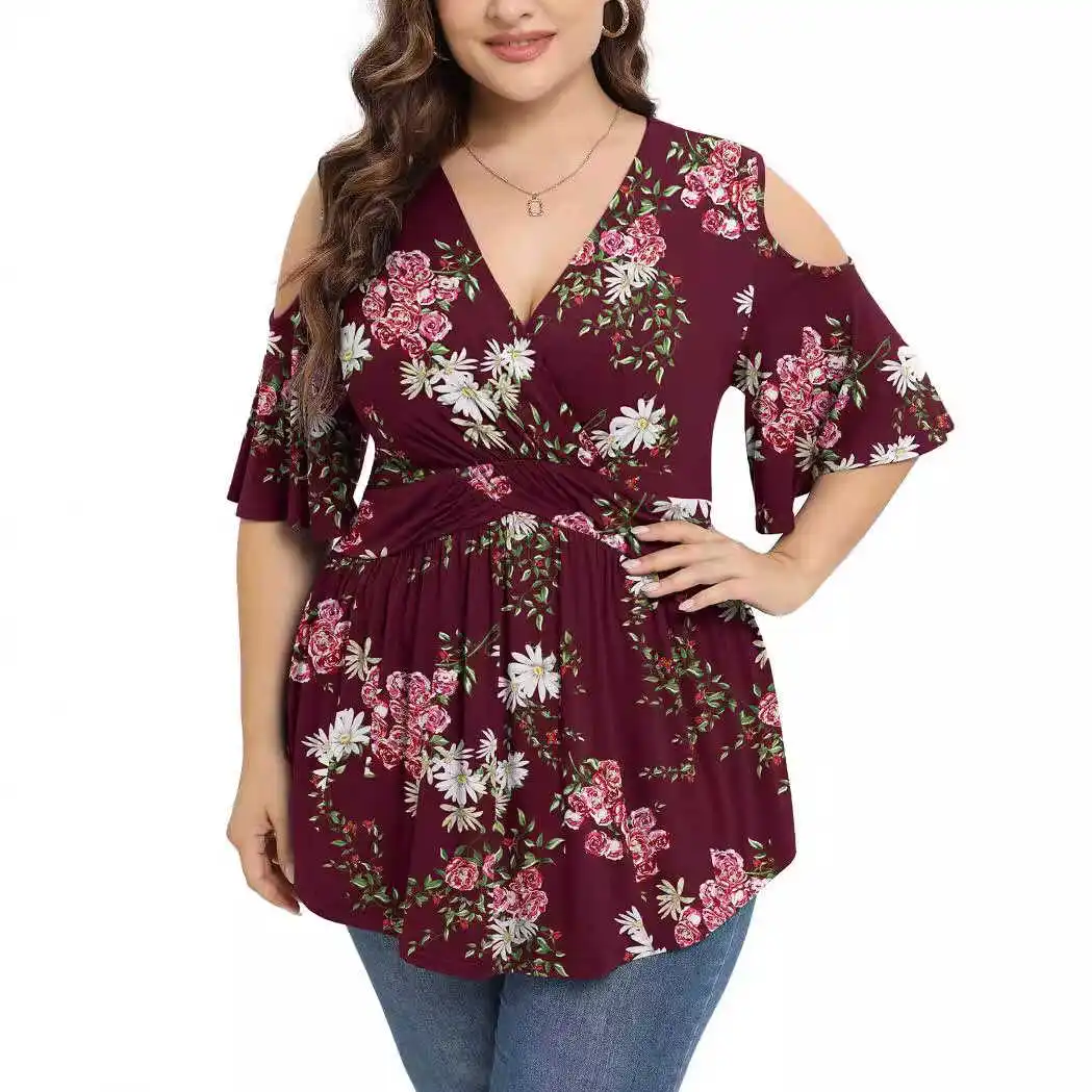 Plus Size Dames Zomer T-shirt V-hals Top 5XL Loose Fit ort Sve Gedrukt Polyester Casual irt Hollow out Design